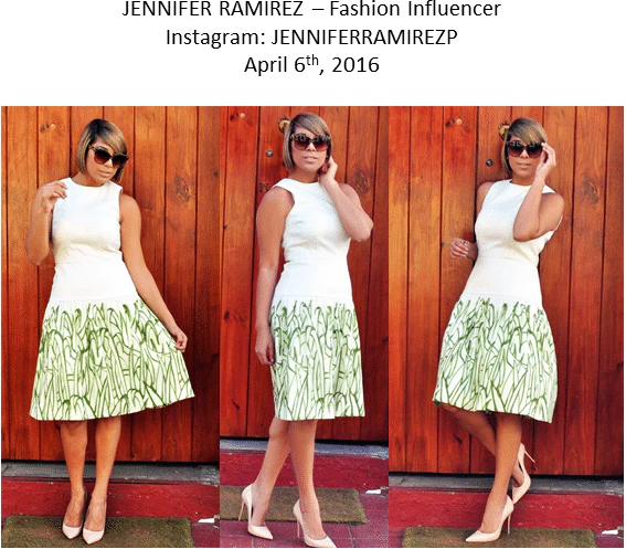 Fashion influencer Jennifer Ramirez wearing a white dress with a green patterned skirt from Lalla Bee, styled in three poses against a wooden backdrop.