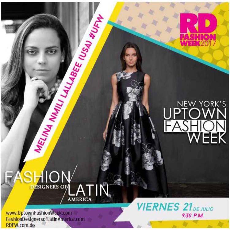 Poster for Republica Dominicana Fashion Week 2017 featuring designer Melina Nmili and model in black floral dress.