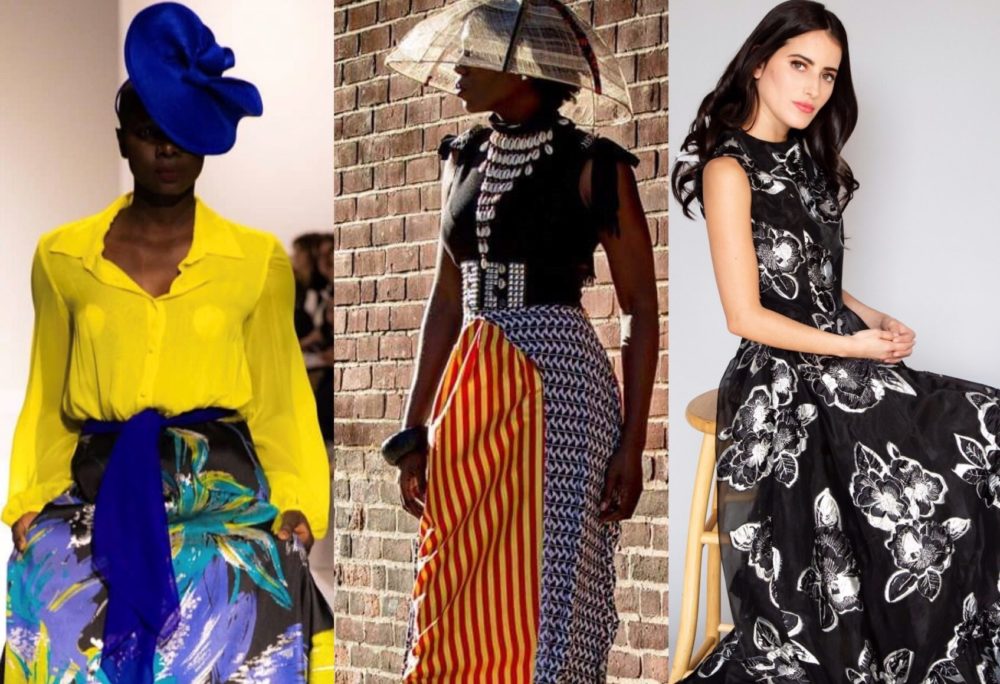 Models showcase vibrant and diverse runway looks, including a bright yellow blouse with a printed skirt, a bold striped and patterned ensemble with statement accessories, and a black floral gown, highlighting diversity in fashion.
