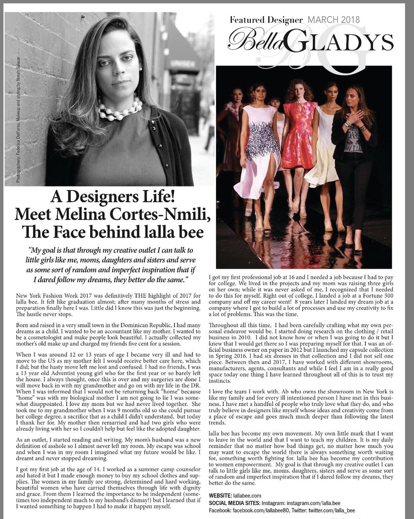 Bella Gladys Magazine feature of Melina Cortes-Nmili with her Lalla Bee runway collection and personal story in the March 2018 issue.