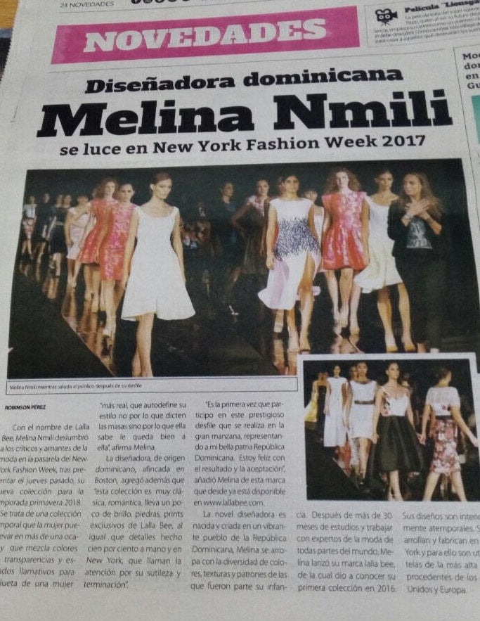 Newspaper article featuring Dominican designer Melina Nmili at New York Fashion Week 2017, with models walking the runway in elegant dresses from her Lalla Bee collection.