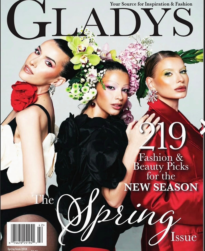 Melina Cortes-Nmili of Lalla Bee featured in Gladys Magazine Spring Issue, showcasing luxury fashion, custom design, and sustainable clothing by an independent designer.