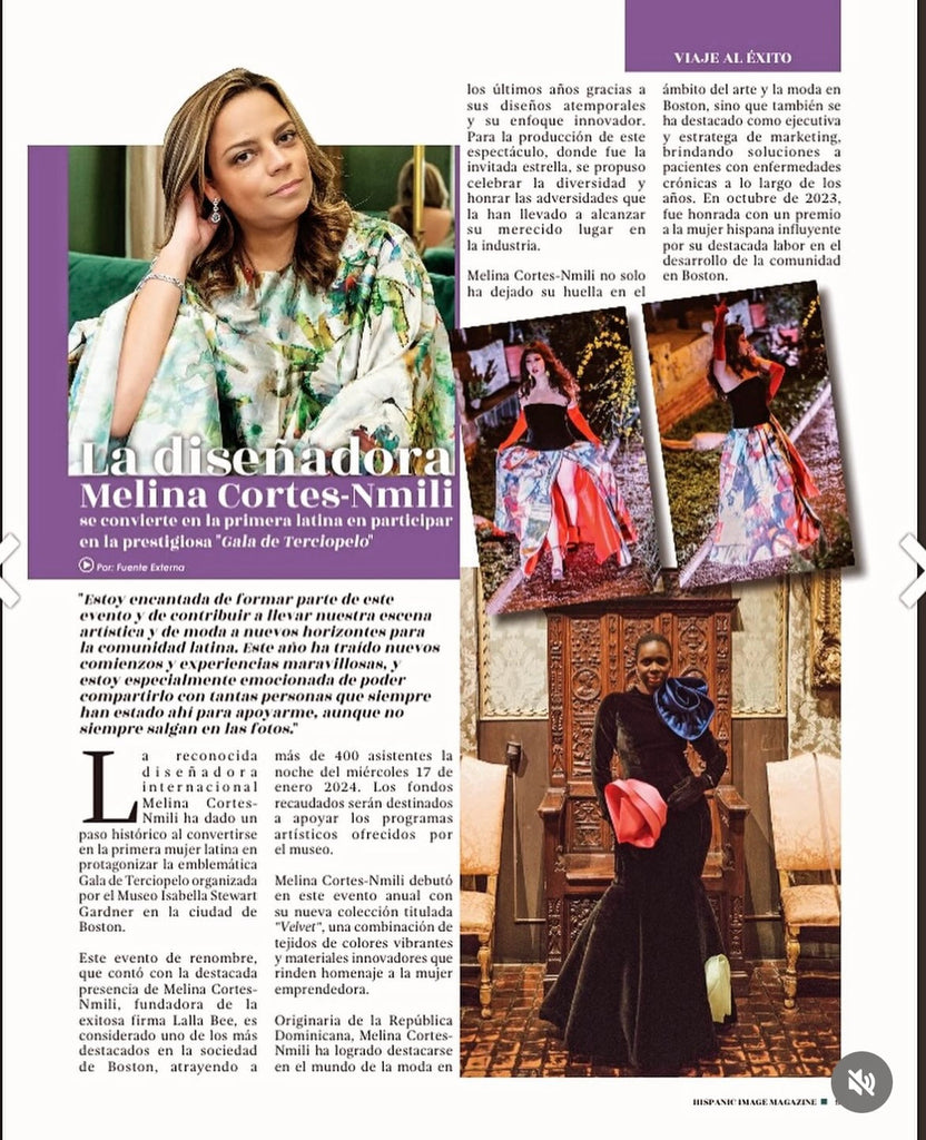 Model in a black floral A-line dress by Melina Cortes for Lalla Bee, featured in Moh!da Oh Magazine, showcasing custom luxury designer fashion.