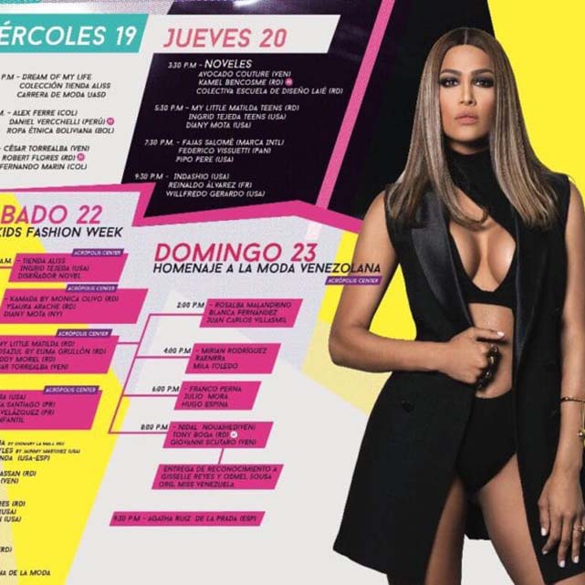 Fashion event poster with model in bold black outfit and schedule of runway shows.