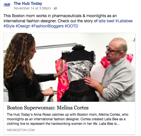 Melina Cortes-Nmili adjusting a dress design during her NBC Boston The Hub Today feature about Lalla Bee fashion brand.