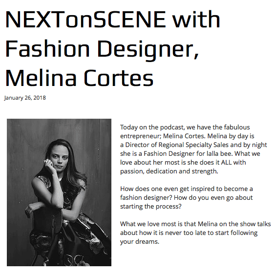 Melina Cortes sitting in a chair during her NEXTonSCENE podcast feature on balancing career and fashion design.