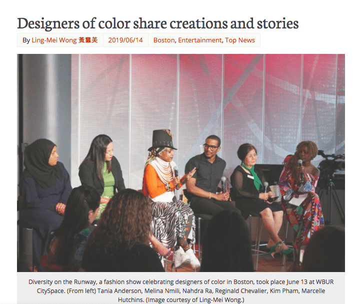 Melina Cortes of Lalla Bee with fellow designers speaking at the Diversity on the Runway event in Boston, featured in Sampan, highlighting independent luxury designers and custom fashion creations.