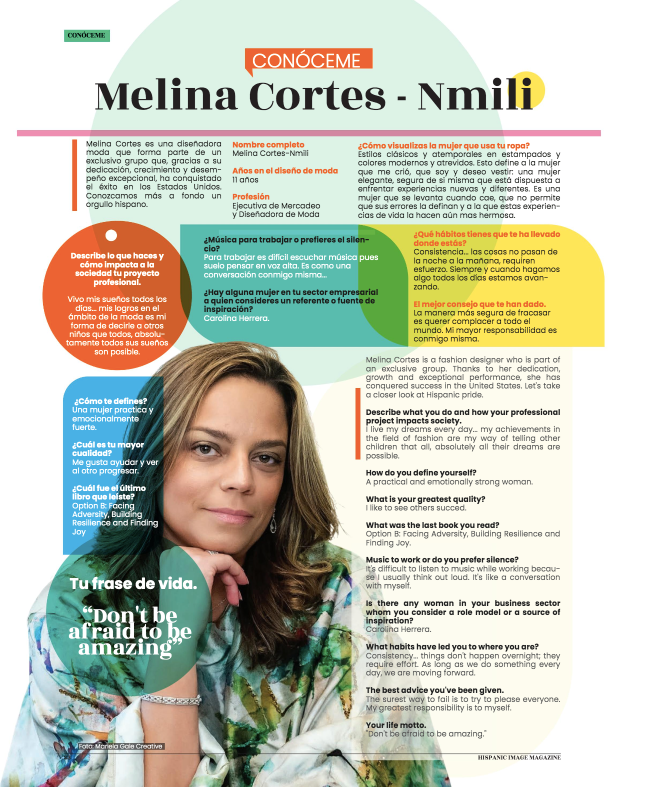 ChatGPT said:  Alt text: Melina Cortes-Nmili, founder and designer of Lalla Bee, featured in Hispanic Image Magazine, recognized for custom design, luxury dresses, and sustainable fashion by an independent luxury designer.