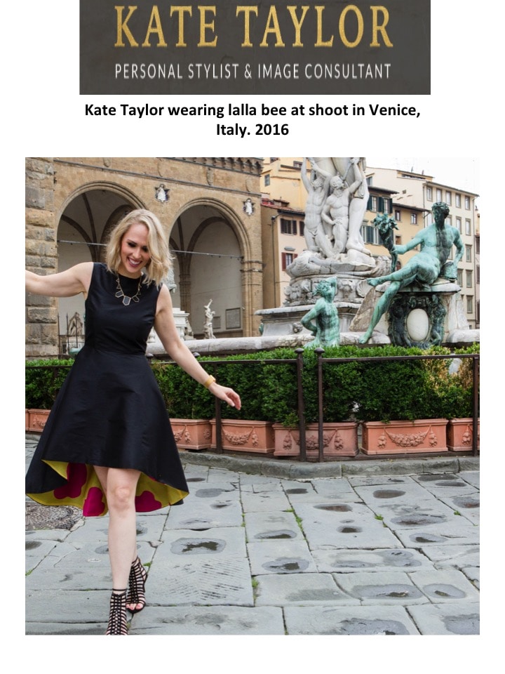 Kate Taylor wearing a black Lalla Bee dress with a colorful lining during a photoshoot in Venice, Italy, 2016.