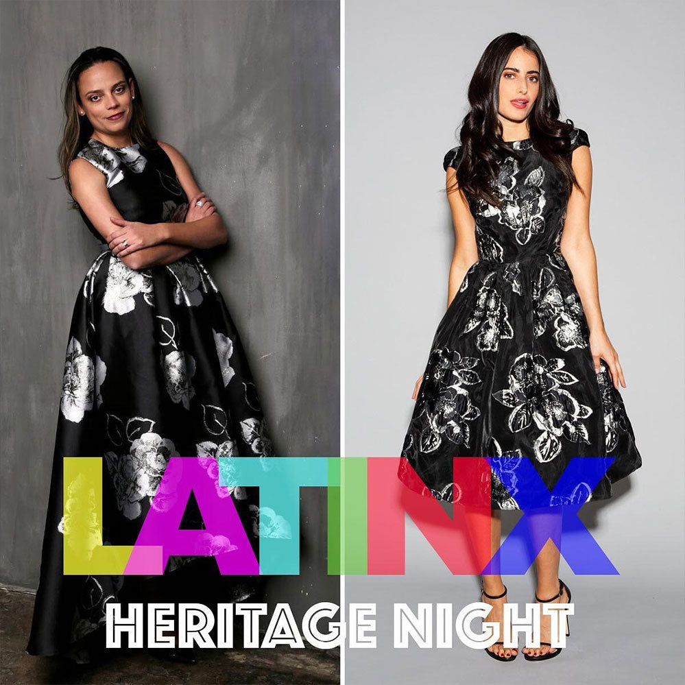 Two women wearing elegant black dresses with bold silver floral prints by Lalla Bee, featured during Latinx Heritage Night at the MFA.