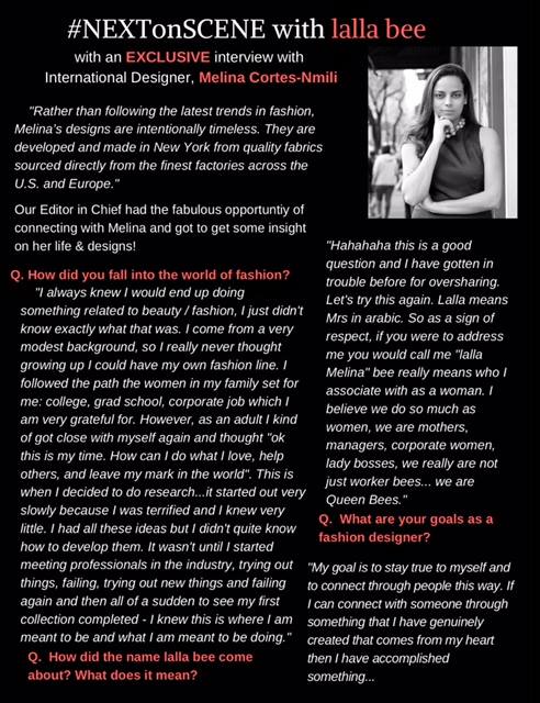 Melina Cortes-Nmili, founder of Lalla Bee, featured in #NextonScene Spring 2017 issue, sharing her journey as an independent luxury designer creating timeless custom dresses.