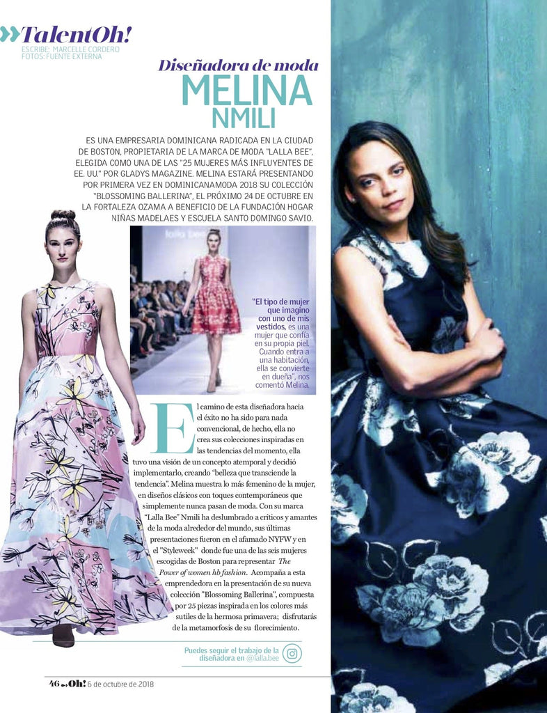 Fashion designer Melina Cortes of Lalla Bee featured in TalentOh! magazine, presenting luxury gowns and custom designs that showcase independent luxury clothing for women, dresses for galas, and sustainable designer dresses made in the US.