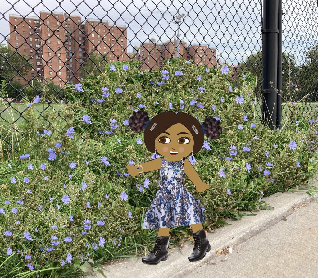Lalla Bee featured in The Charmsters Animated Influencer series, showing a cartoon character in a floral dress and boots against a backdrop of purple flowers and city buildings.