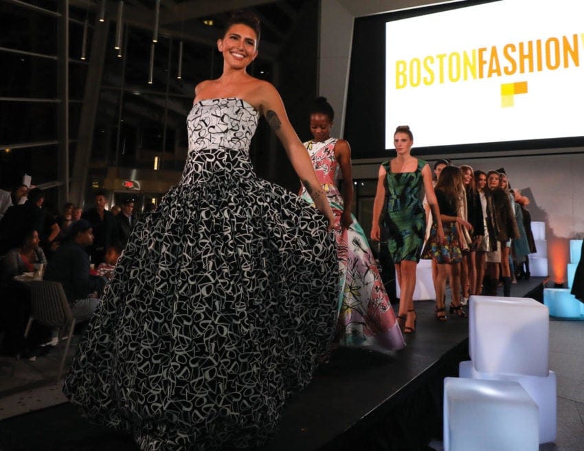 Models showcasing Lalla Bee gowns designed by Melina Cortes during Boston Fashion Week, highlighting custom design, luxury dresses, and independent designer fashion.