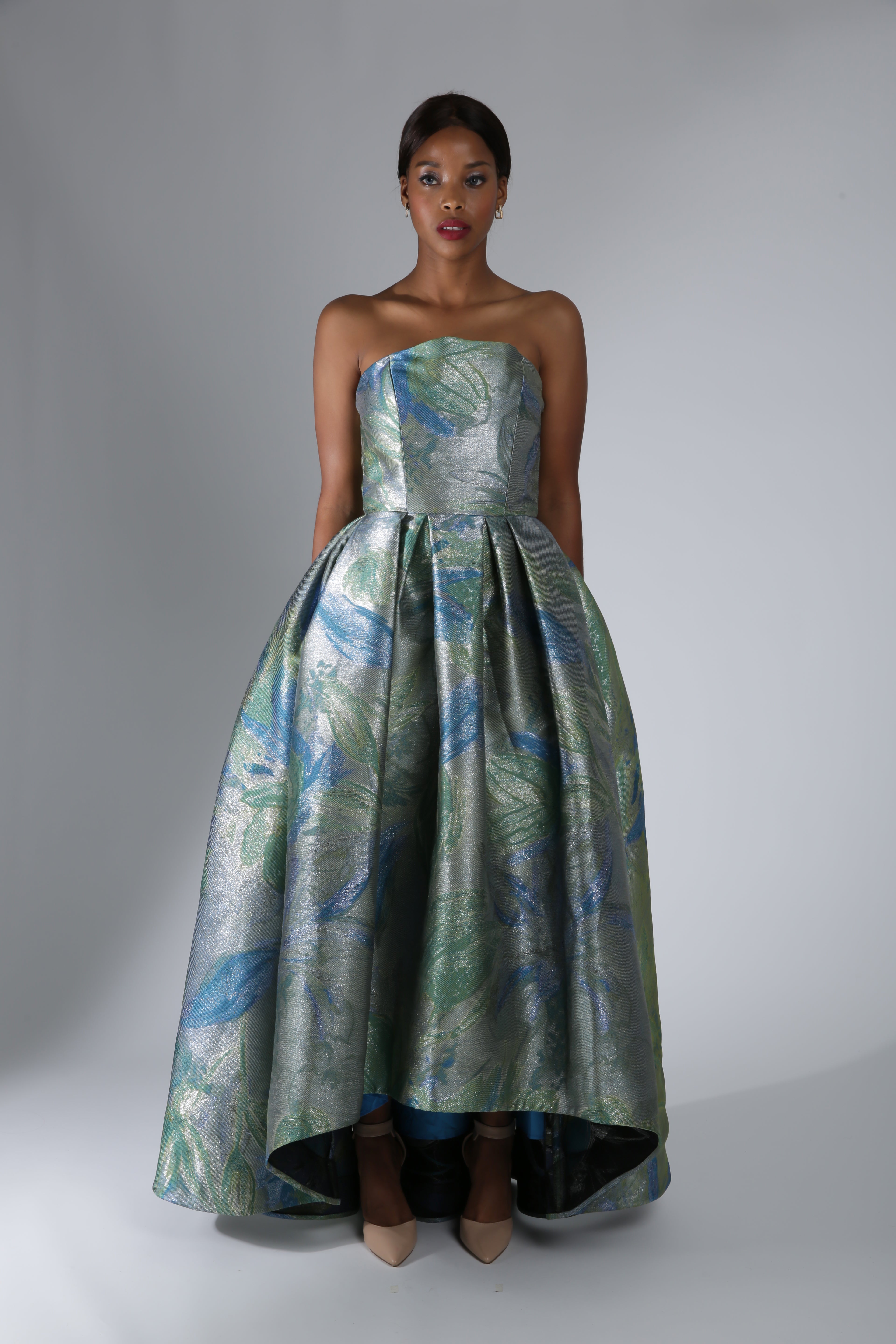 Selva Metallic Hi/Low gown from Lalla Bee’s 2020 Collection — dramatic metallic couture dress with a modern high-low hem.