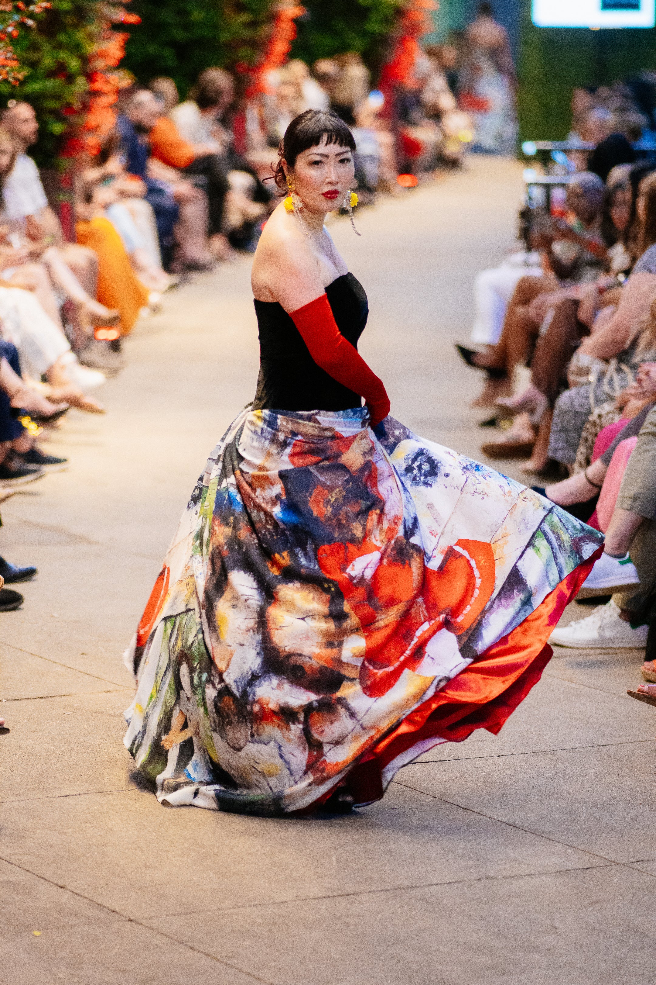 Model wearing the Lalla Bee Velvet Maria custom design luxury gown, made in the US, featuring elegant velvet fabric—ideal for galas and special occasions.