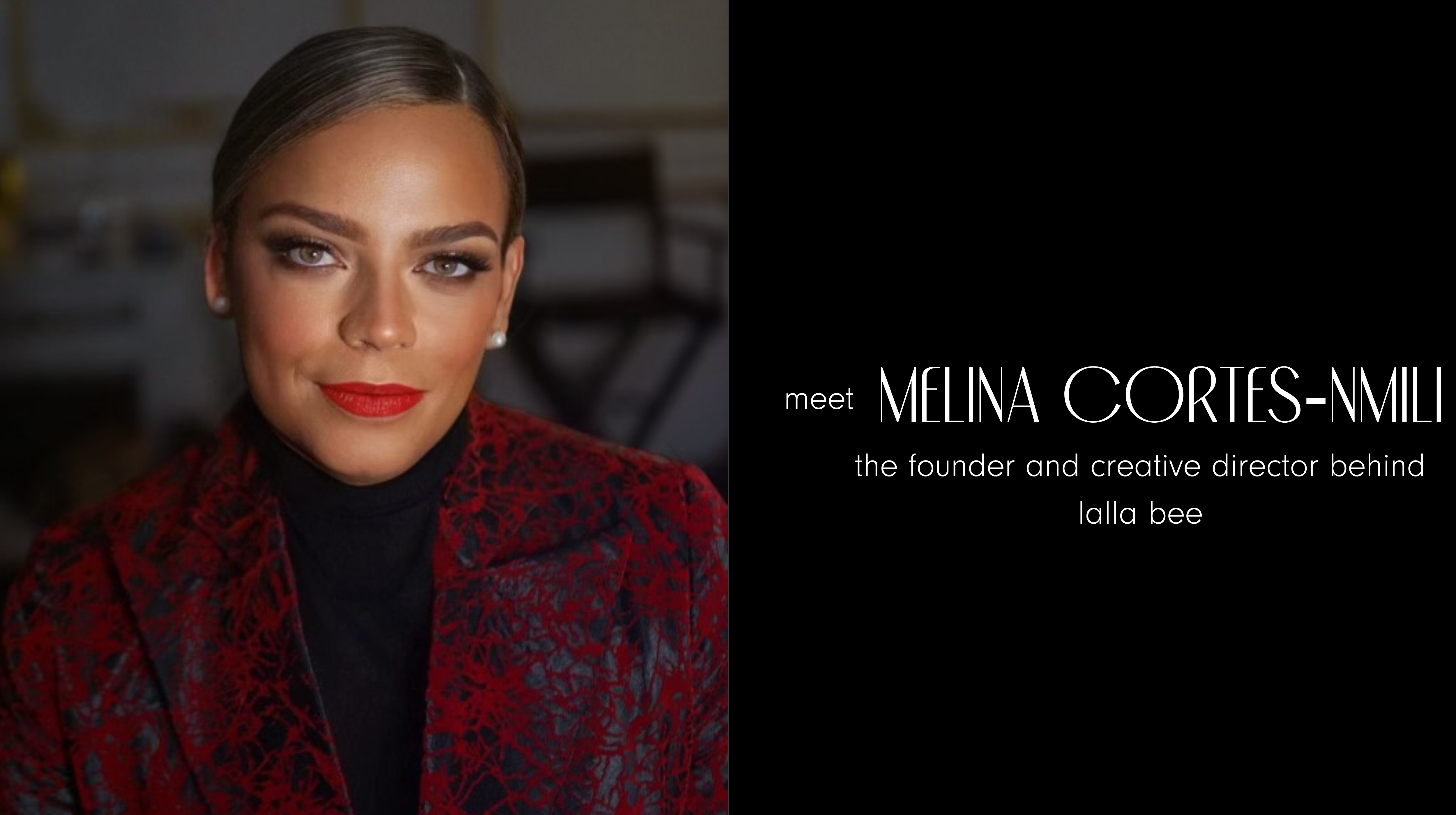 Melina Cortes-Nmili, founder and designer of Lalla Bee, wearing a black and white floral gown — showcasing timeless elegance and sustainable luxury fashion.