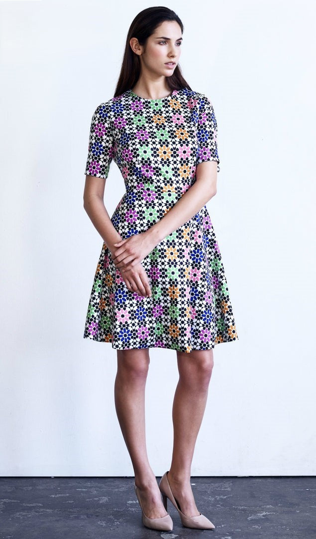 Salma bold designer dress from Lalla Bee's Fall 2016 Collection with Moroccan-inspired prints—available for custom order.