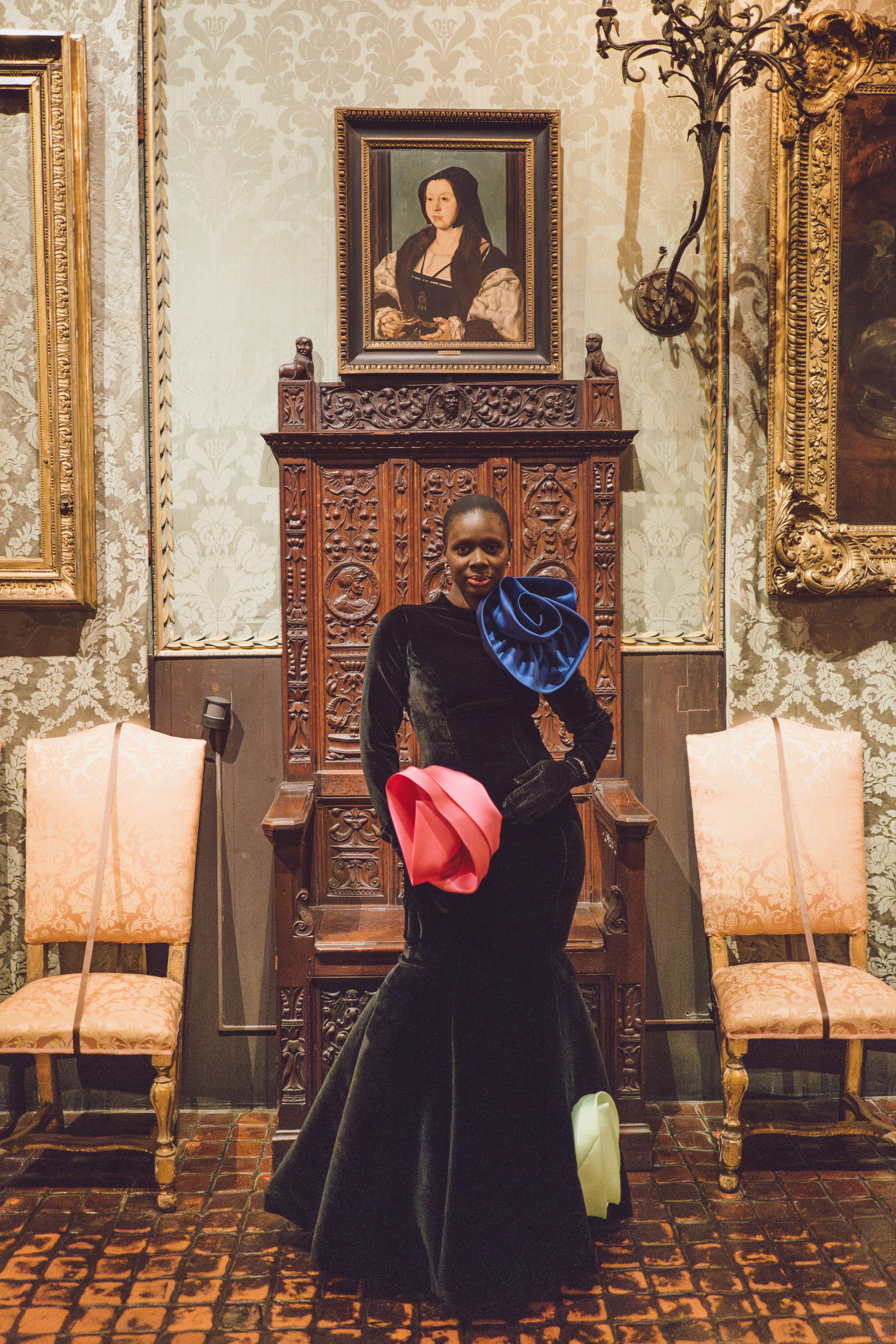 Long fitted velvet gown with Mikado 3D flowers