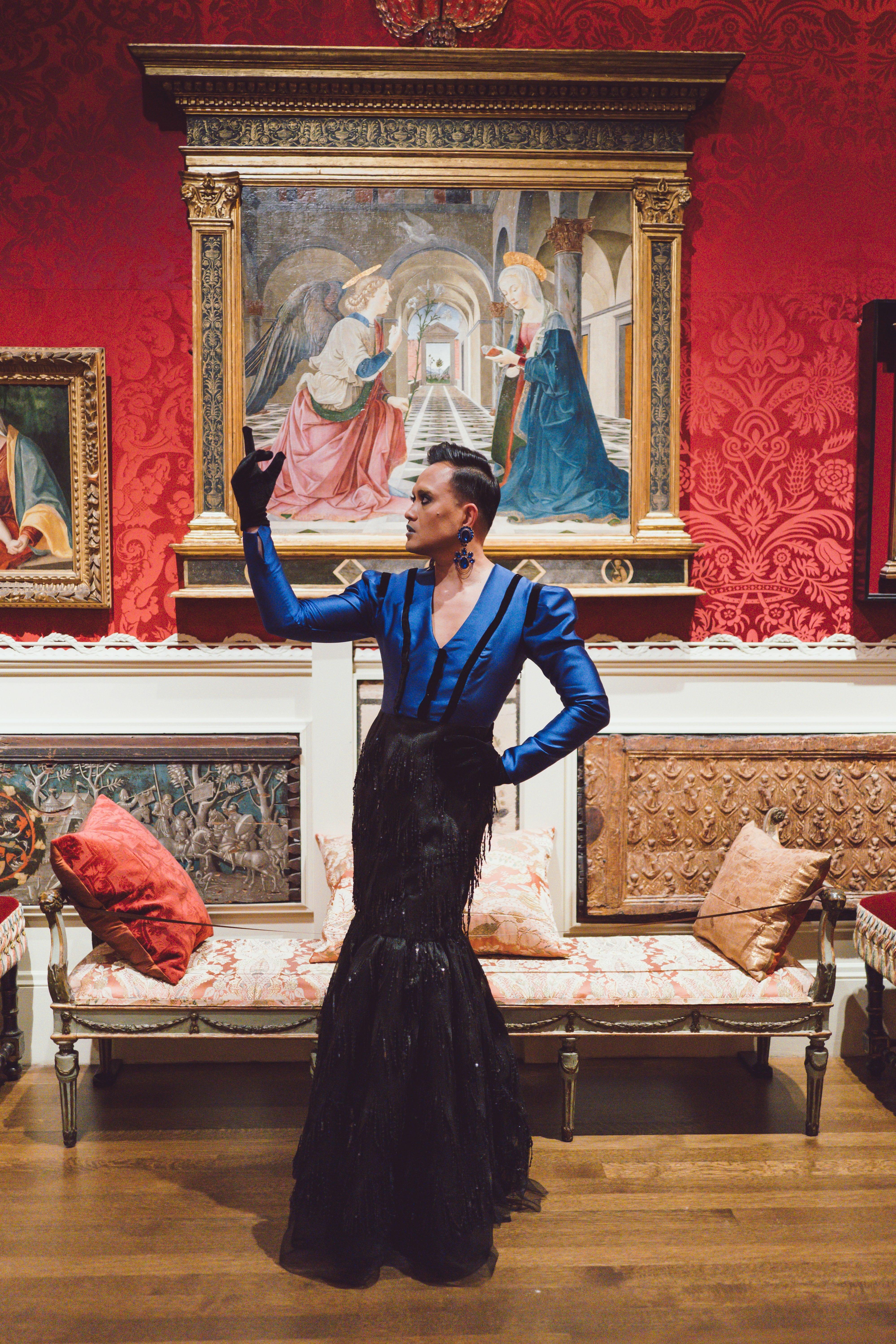 Blue Mikado and Black Velvet and Lace Dress